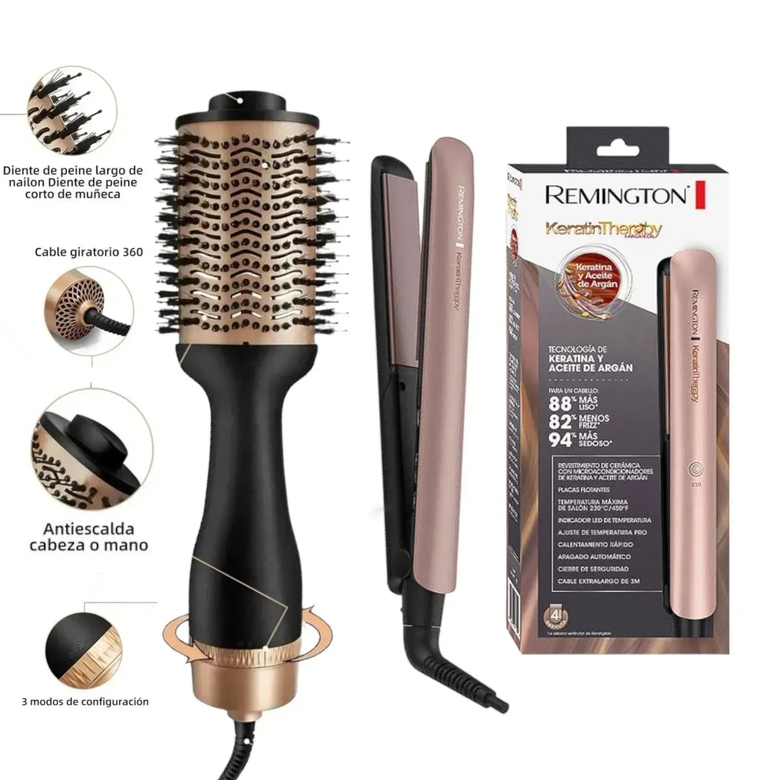Cepillo Secador y Plancha 2 en 1 Remington Keratin Therapy – Brillo, Suavidad y Cuidado