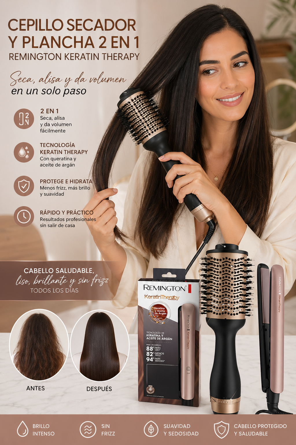 Cepillo Secador y Plancha 2 en 1 Remington Keratin Therapy – Brillo, Suavidad y Cuidado